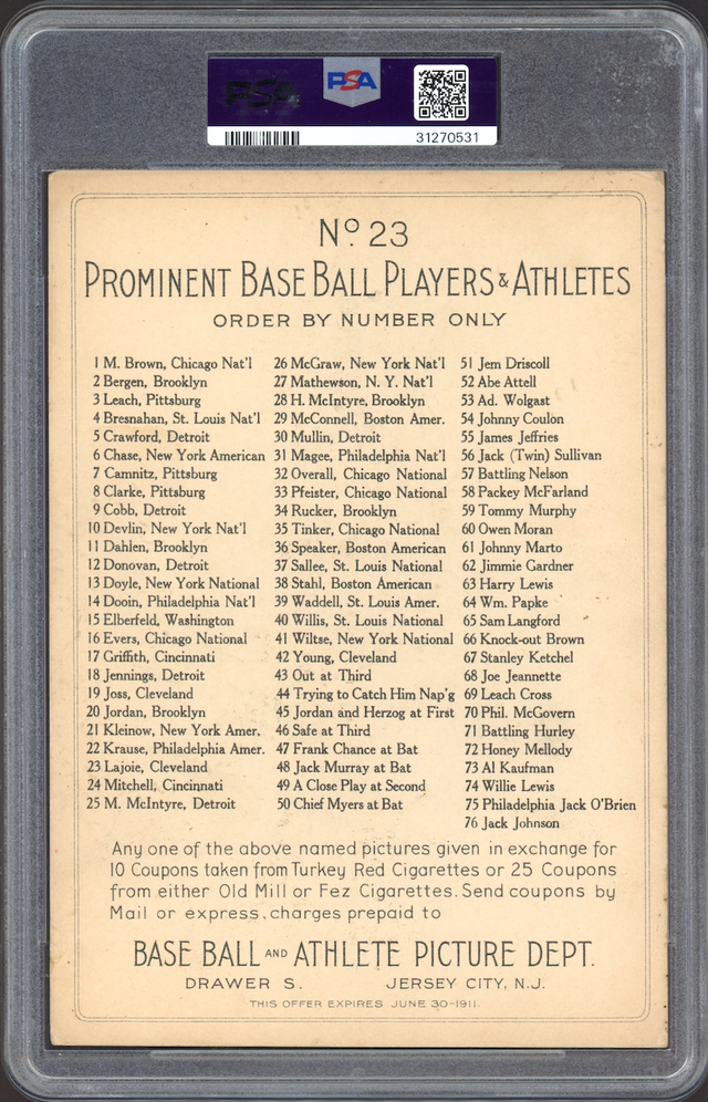 1911 T3 Turkey Red #23 Nap Lajoie Cabinets-Checklist Back PSA EX 5