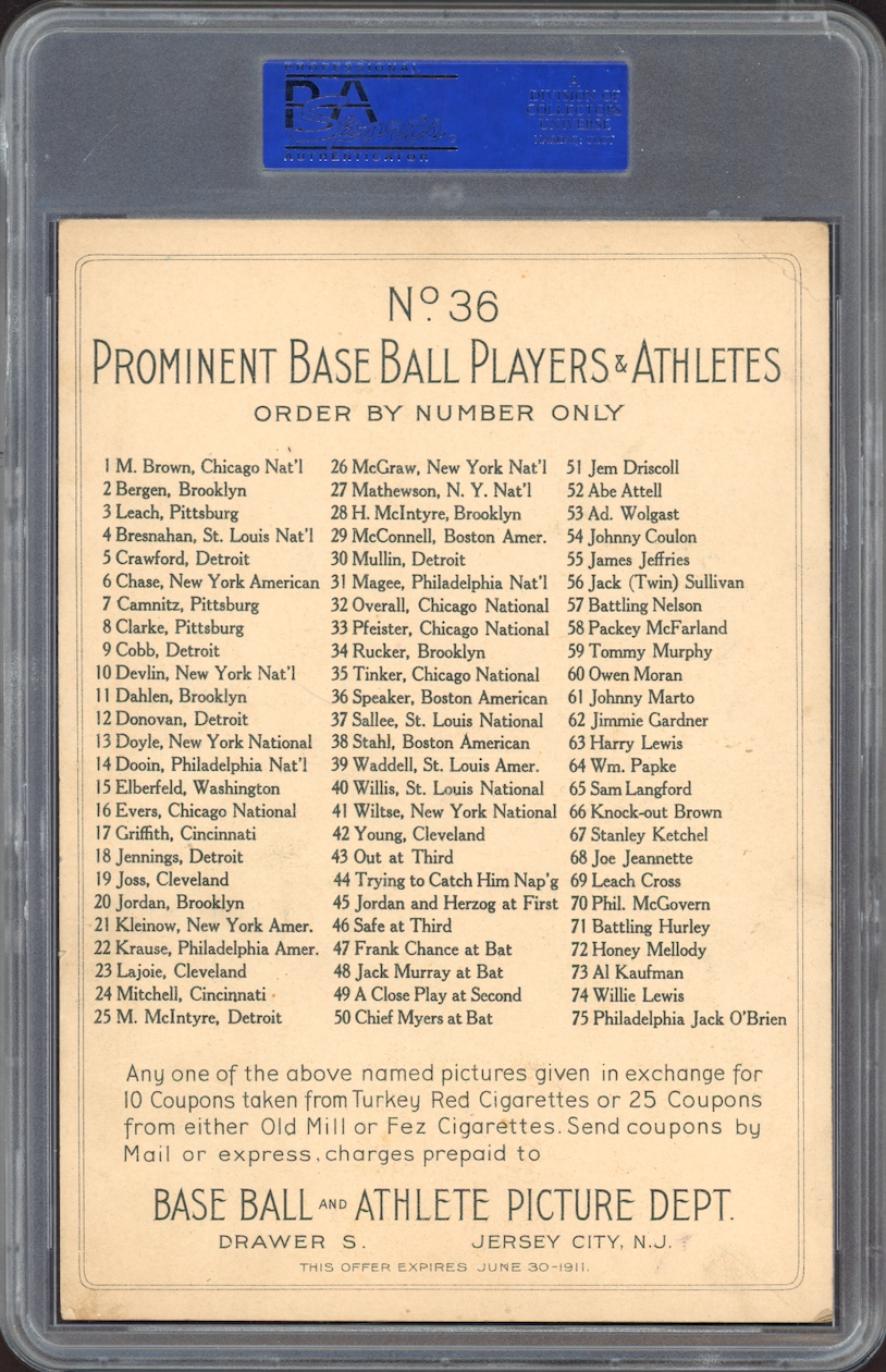 1911 T3 Turkey Red #36 Tris Speaker Cabinets-Checklist Back PSA VG 3