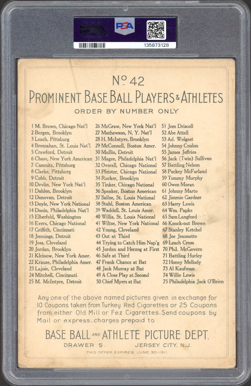 1911 T3 Turkey Red #42 Cy Young Cabinets-Checklist Back PSA GOOD 2