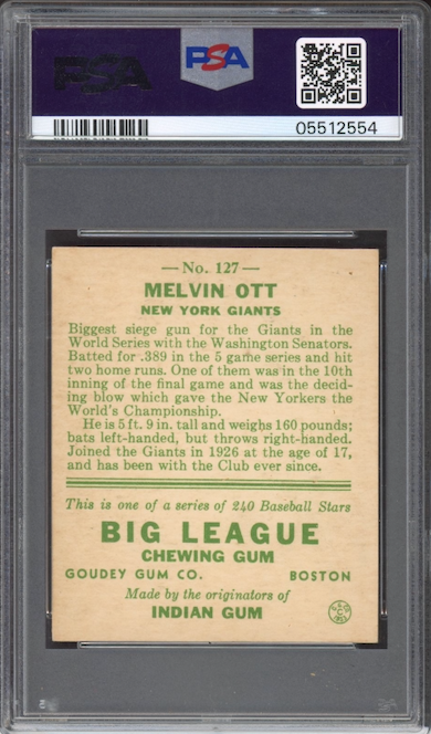 1933 Goudey #127 Mel Ott PSA NM-MT 8