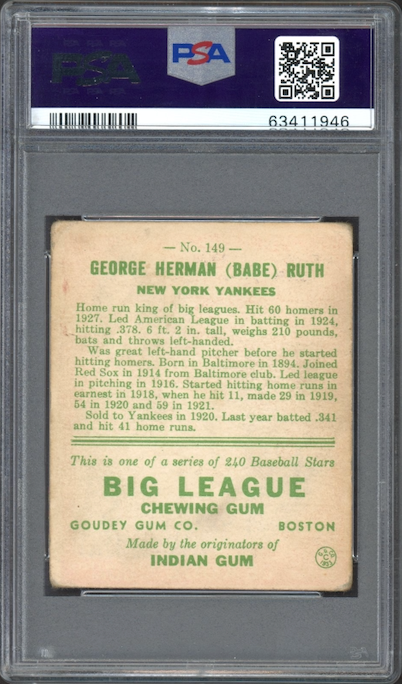 1933 Goudey #149 Babe Ruth PSA GOOD+ 2.5