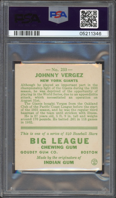 1933 Goudey #233 Johnny Vergez PSA NM-MT 8