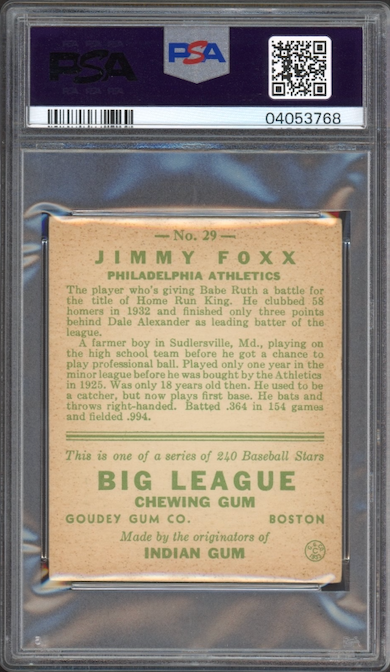 1933 Goudey #29 Jimmie Foxx PSA EX-MT 6