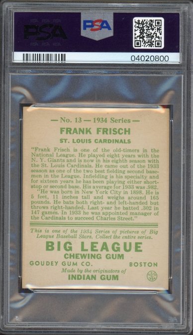 1934 Goudey #13 Frank Frisch PSA NM-MT+ 8.5