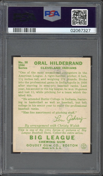 1934 Goudey #38 Oral Hildebrand PSA NM-MT 8