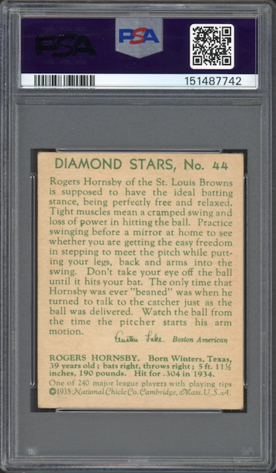 1935 Diamond Stars #44 Rogers Hornsby PSA GOOD 2