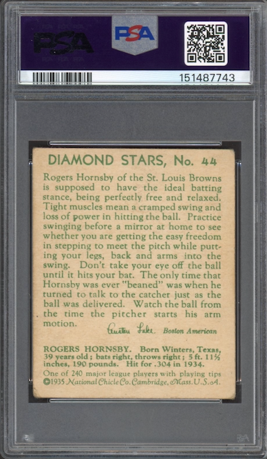 1935 Diamond Stars #44 Rogers Hornsby PSA VG 3