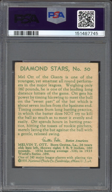 1935 Diamond Stars #50 Mel Ott PSA VG-EX 4