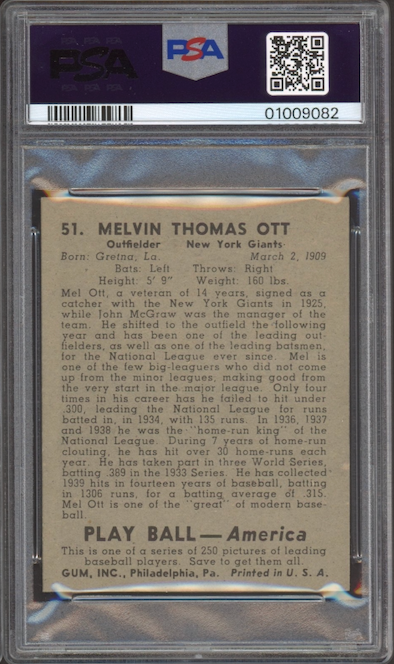 1939 Play Ball #51 Mel Ott PSA NM-MT 8