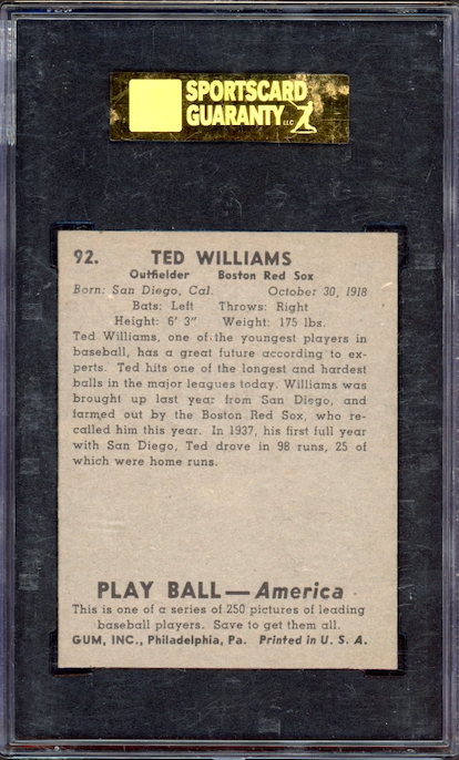 1939 Play Ball #92 Ted Williams ROOKIE SGC EX-NM 80