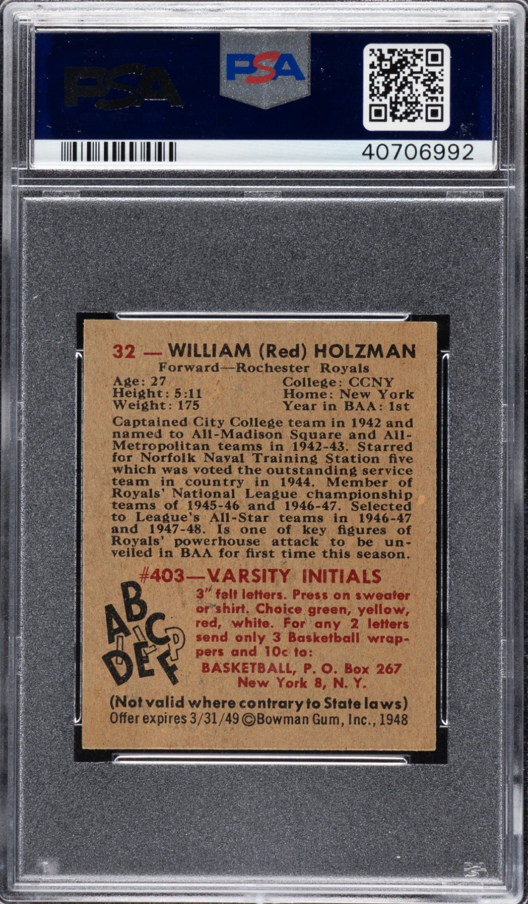 1948 Bowman #32 William Holzman PSA 9