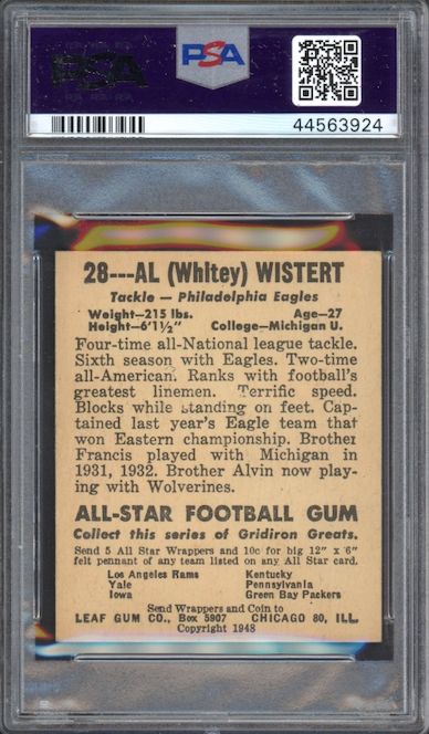 1948 Leaf #28 Whitey Wistert ROOKIE Yellow Jersey PSA EX-MT 6