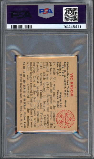 1950 Bowman #100 Vic Raschi PSA MINT 9