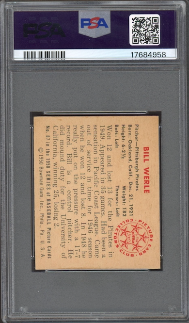 1950 Bowman #87 Bill Werle PSA NM-MT+ 8.5