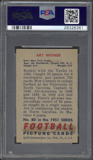 1951 Bowman #80 Art Weiner PSA EX 5