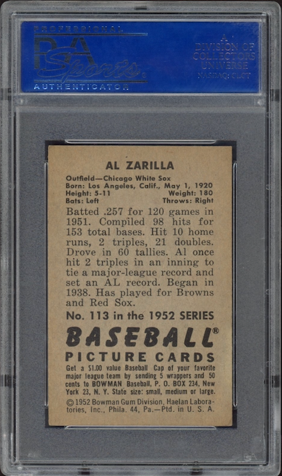 1952 Bowman #113 Al Zarillia PSA NM-MT 8