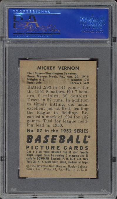 1952 Bowman #87 Mickey Vernon PSA NM-MT 8