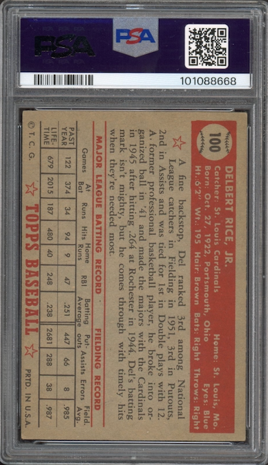 1952 Topps #100 Del Rice PSA VG-EX 4