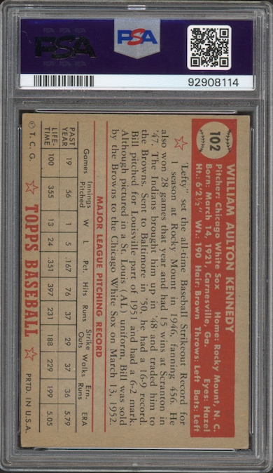 1952 Topps #102 Bill Kennedy PSA EX 5