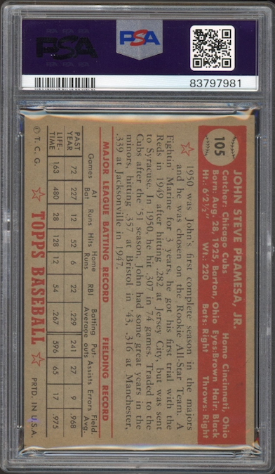 1952 Topps #105 John Pramesa PSA EX-MT 6