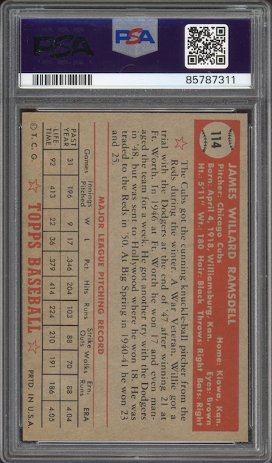 1952 Topps #114 Willard Ramsdell PSA NM 7