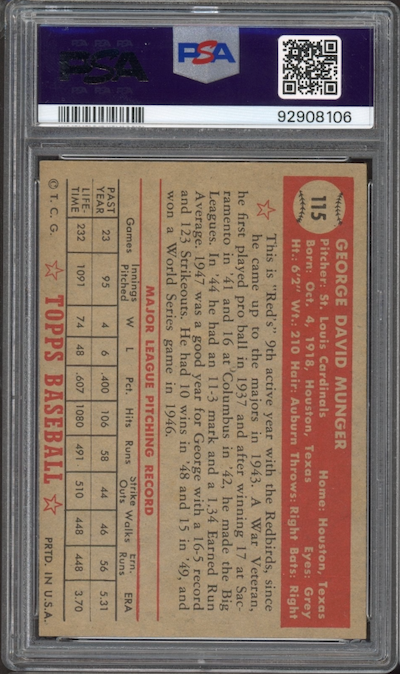 1952 Topps #115 George Munger PSA NM 7
