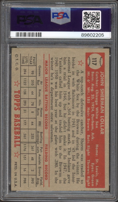 1952 Topps #117 Sherman Lollar PSA NM 7