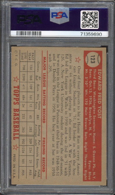 1952 Topps #123 Eddie Yost PSA EX-MT 6