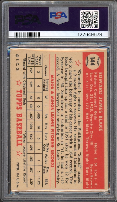 1952 Topps #144 Ed Blake PSA EX-MT 6