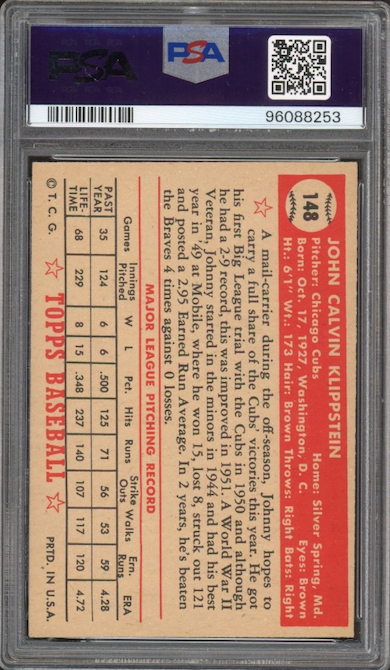 1952 Topps #148 Johnny Klippstein PSA NM 7