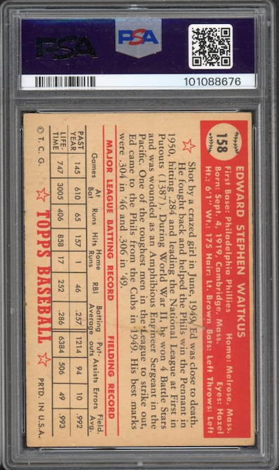 1952 Topps #158 Eddie Waitkus PSA EX 5