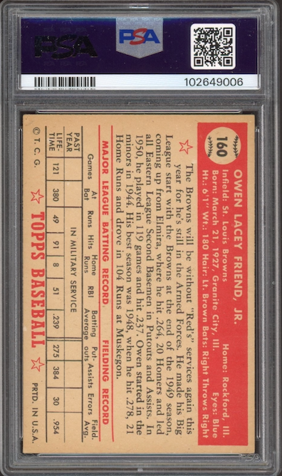 1952 Topps #160 Owen Friend PSA EX-MT 6