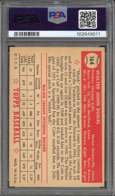 1952 Topps #164 Walt Dubiel PSA EX 5