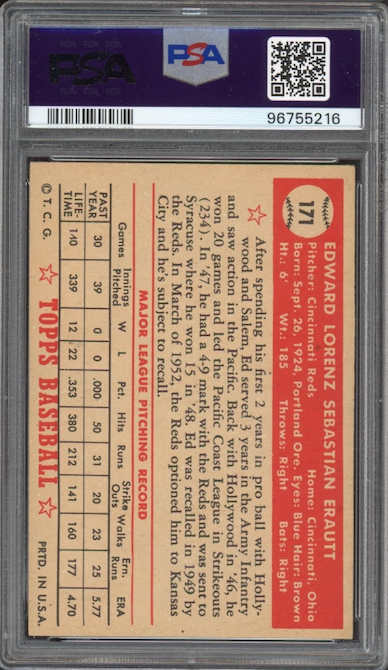 1952 Topps #171 Ed Erautt PSA EX-MT 6