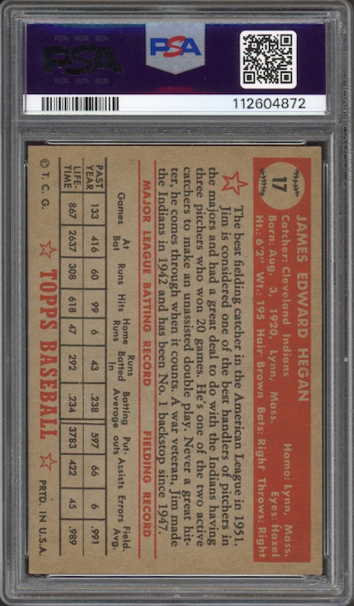 1952 Topps #17 Jim Hegan PSA EX-MT 6