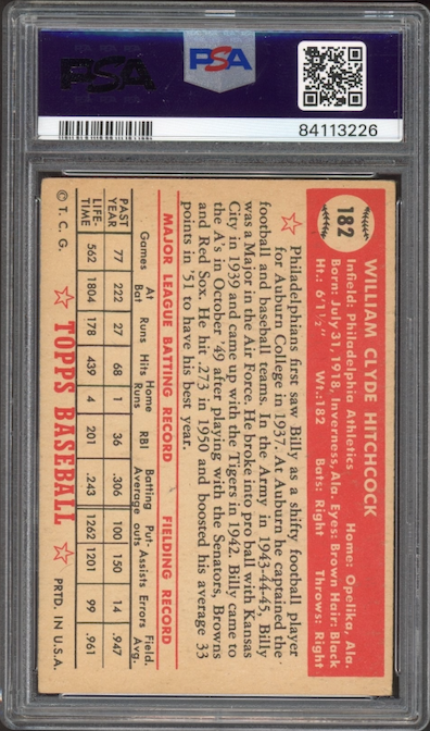 1952 Topps #182 Billy Hitchcock PSA VG-EX 4
