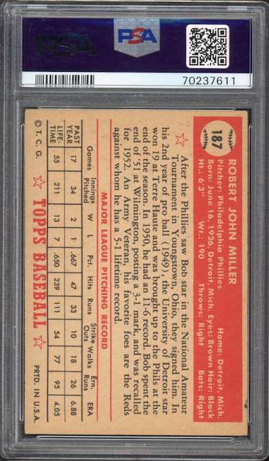 1952 Topps #187 Bob Miller PSA VG-EX+ 4.5