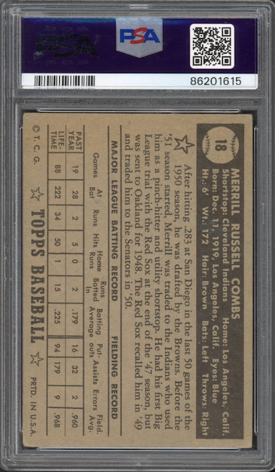 1952 Topps #18 Merrill Combs Black Back PSA VG-EX 4