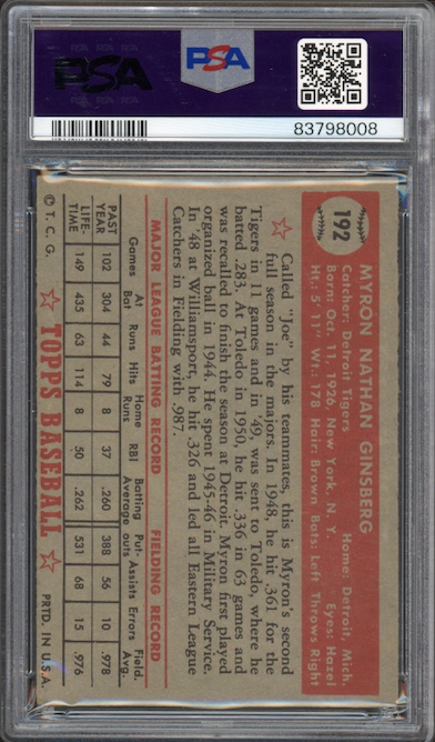 1952 Topps #192 Myron Ginsberg PSA EX-MT 6