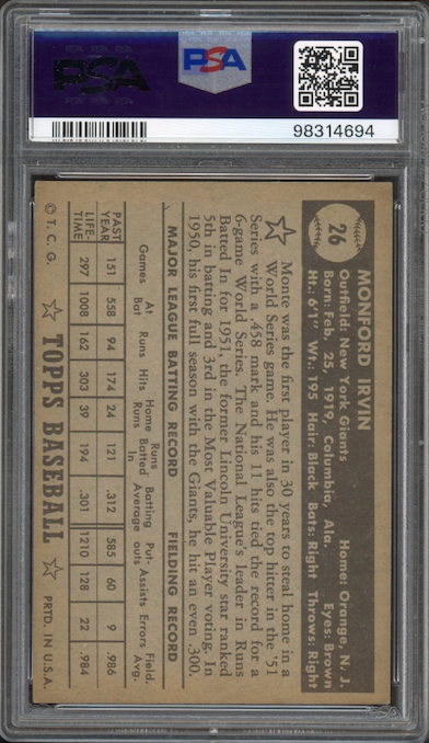 1952 Topps #26 Monte Irvin Black Back PSA EX-MT 6