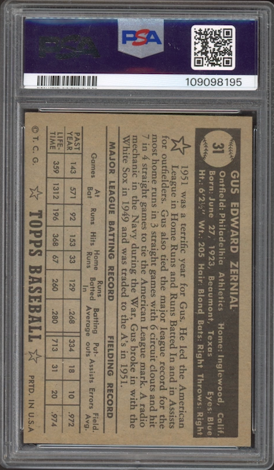1952 Topps #31 Gus Zernial Black Back PSA EX 5