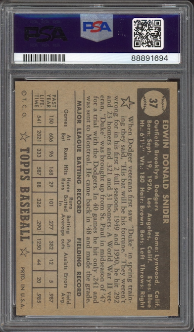 1952 Topps #37 Duke Snider Black Back PSA EX 5