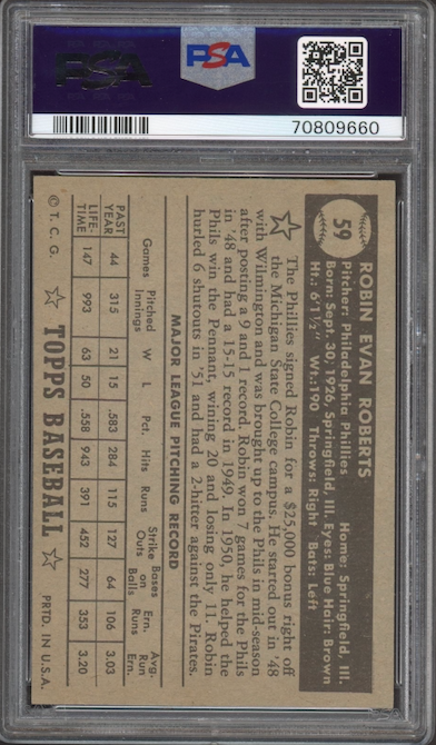 1952 Topps #59 Robin Roberts Black Back PSA EX-MT 6