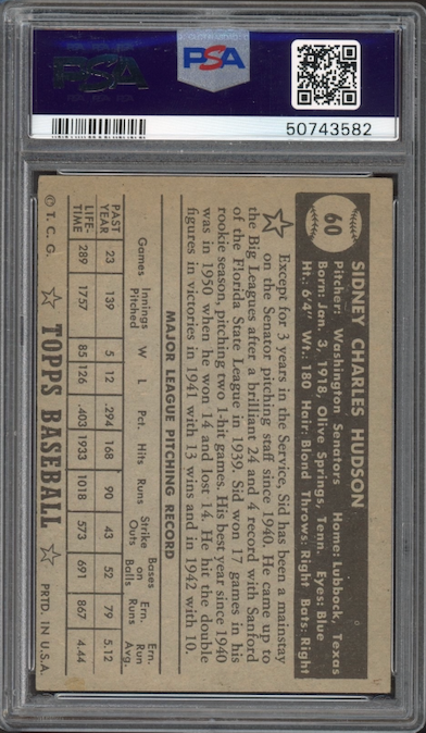 1952 Topps #60 Sid Hudson Black Back PSA VG-EX 4