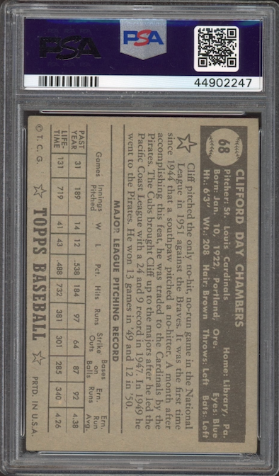 1952 Topps #68 Cliff Chambers Black Back PSA EX 5