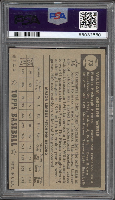 1952 Topps #73 William Werle PSA EX-MT 6