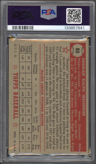1952 Topps #80 Herman Wehmeier PSA EX-MT 6