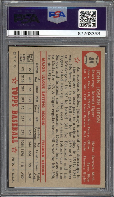 1952 Topps #89 Johnny Lipon PSA EX-MT+ 6.5