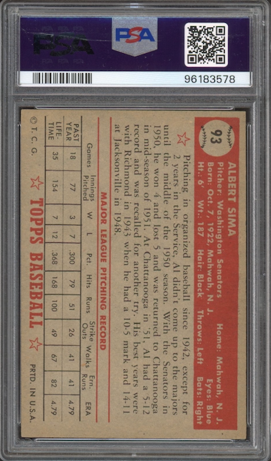 1952 Topps #93 Al Sima PSA EX-MT 6