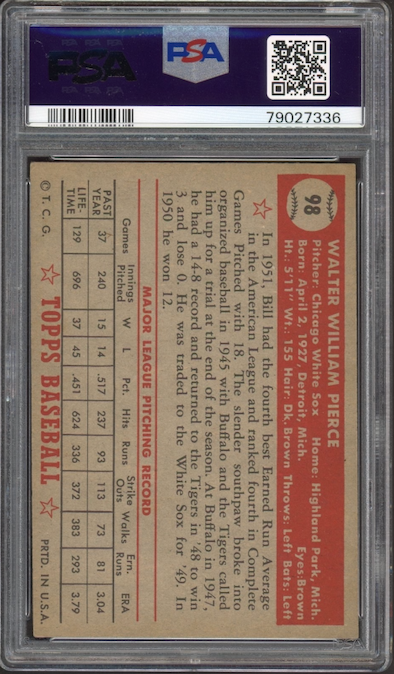 1952 Topps #98 Bill Pierce PSA NM 7